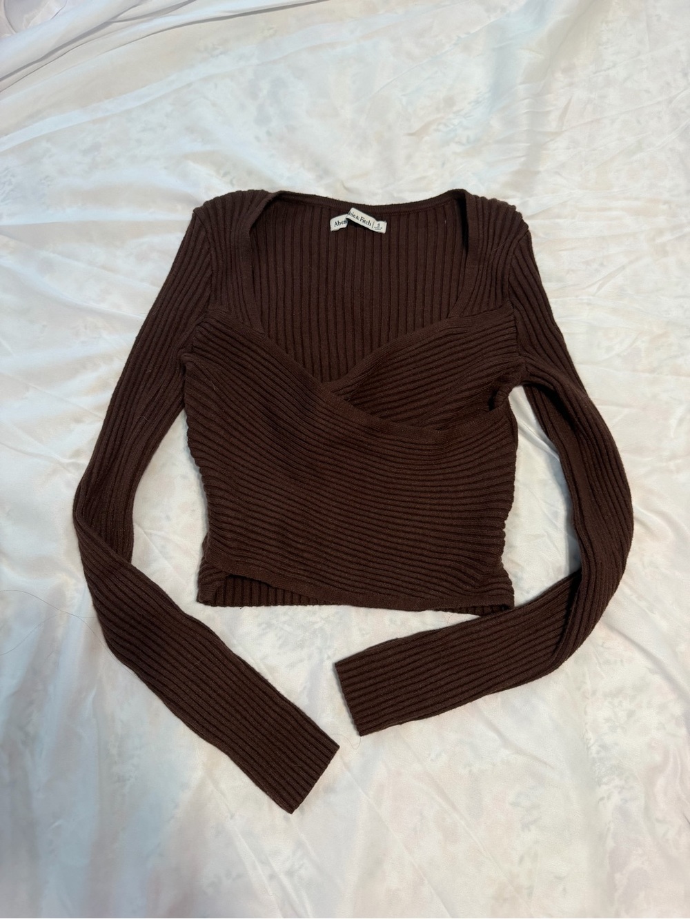 Abercrombie Brown Ribbed Wrap-Front Long Sleeve Top